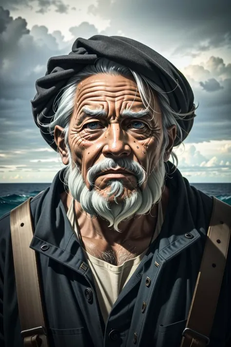 (masterpiece:1.2), (best quality:1.1), detailed, (high quality, highres:1.1), absurdres, HDR, 8k uhd, (medium shot:1.2), old weathered fisherman, marked by time and fatigue, essence of resilience, The intricate lines etched on his face tell stories of a life spent at sea, rough sea background, (detailed face), (colorful), (powerful colors)