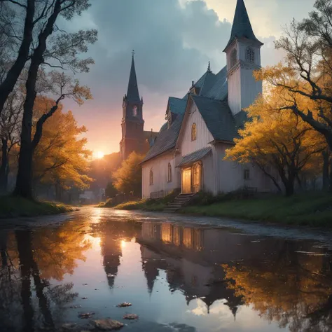 (best quality:1.4), (masterpiece:1.2), 8K, photographic capture, broad perspective, rain-soaked street, sun gleaming through foliage, mirrored on wet surface, picturesque Swedish village, stark white church, (ambient twilight:1.3), (calm:1.2), late evening, warm glow, in the style of Annie Leibovitz.