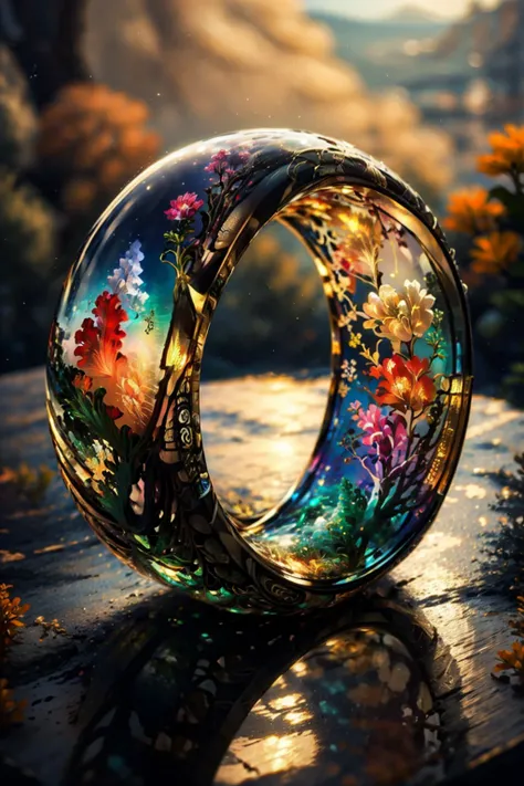 (Glass ring:1.3), masterpiece, best quality, landscape, (style of Carne Griffiths:1.3), (masterpiece, best quality:1.5), Tahitian pareu, Shopping mall, Clear skies, <lora:RingArt_Sora:0.8>