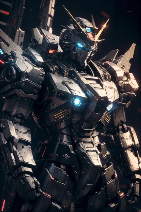 bj_gundam, solo, looking_at_viewer, blue_eyes, standing, no_humans, glowing, robot, mecha, glowing_eyes, clenched_hands, science_fiction, straight-on, v-fin, mobile_suit, cinematic lighting, strong contrast, high level of detail, Best quality, masterpiece, neon background, (wide angle:1.4), <lora:Gundam_Mecha_v3.1:0.7>