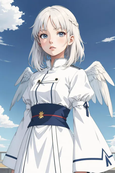 illustration, flat color, 1girl, (anime screencap), anime, white hair, angel eyes