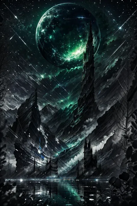 Highly detailed, High Quality, Masterpiece, beautiful, night, (dark environment), mountains, water, trees, <lora:DW-000008:1>