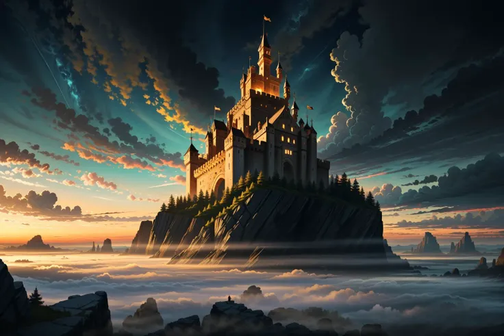 (masterpiece:1.2), (high quality, highres:1.1), absurdres, RAW photo, 8k uhd, A Photograph of a majestic castle floating in the sky, as a colossal rock defies gravity. Surrealist colors merge with dreamlike lighting, illuminating grand flags atop towering walls.