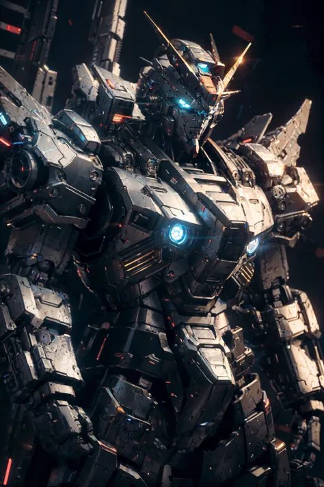 bj_gundam, solo, looking_at_viewer, blue_eyes, standing, no_humans, glowing, robot, mecha, glowing_eyes, clenched_hands, science_fiction, straight-on, v-fin, mobile_suit, cinematic lighting, strong contrast, high level of detail, Best quality, masterpiece, neon background, (wide angle:1.4), <lora:Gundam_Mecha_v3.1:0.7>