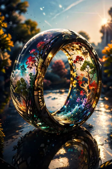 (Glass ring:1.3), masterpiece, best quality, landscape, (style of Carne Griffiths:1.3), (masterpiece, best quality:1.5), Tahitian pareu, Shopping mall, Clear skies, <lora:RingArt_Sora:0.8>