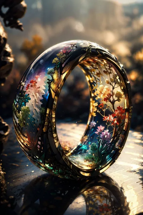 (Glass ring:1.3), masterpiece, best quality, landscape, (style of Carne Griffiths:1.3), (masterpiece, best quality:1.5), Tahitian pareu, Shopping mall, Clear skies, <lora:RingArt_Sora:0.8>