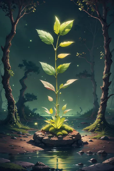 rz88p4stl, bioluminescent sprout in a dark theme forest
