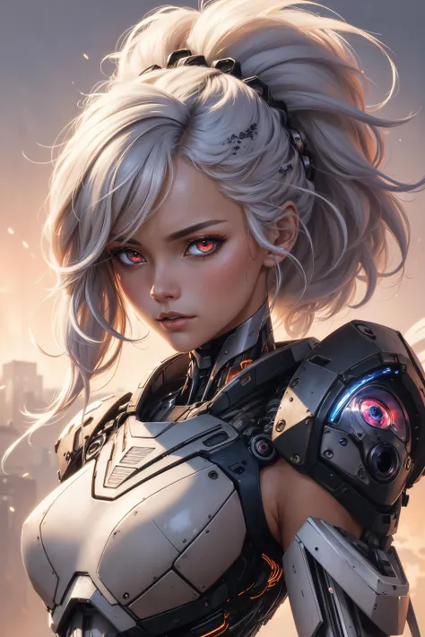 (masterpiece:1.1), (highest quality:1.1), (HDR:1.0), extreme quality, cg, (anime wallpaper), stylized, detailed face+eyes, (colorful), (powerful colors:1.4), photo of a girl, (tan skin), fashionable, light dust, varied depth of field, medium hair, long hair, white hair, masterpiece, 8k, tone mapping, hyper focus, red, glowing eyes, (upper body:0.8), natural body, limited palette, (detailed hair:1.13), (cyber aesthetic:1.3), (epic anime drawing:0.7), (white outlines), (creative background), (creative), hard lighting, solo, clarity, (by Giovanni Battista Caccioli:1.6), (accomplished:0.8)