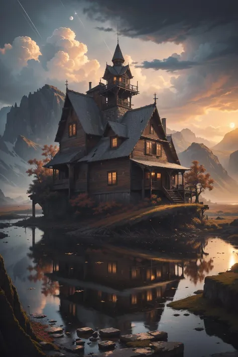 photo RAW,(autumn,mountains and a storm lake with a moon in the sky, old wooden slab home, 4k highly detailed digital art, 4 k hd wallpaper very detailed, impressive fantasy landscape, sci-fi fantasy desktop wallpaper, 4k wallpaper, 4k detailed hdr photography, sci-fi fantasy wallpaper, epic dreamlike fantasy landscape, 4k hd matte, 8k,Realistic, realism, hd, 35mm photograph, 8k), masterpiece, award winning photography, natural light, perfect composition, high detail, hyper realistic, (composition centering, conceptual photography), realistic, detailed, balanced, by Trey Ratcliff, Klaus Herrmann, Serge Ramelli, Jimmy McIntyre, Elia Locardi