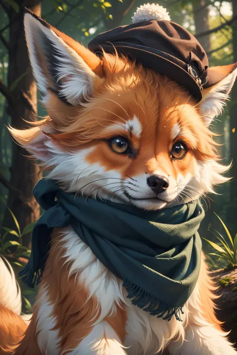 (masterpiece:1.1), (highest quality:1.1), (HDR:1.0), (masterpiece photo:1.3) of (ultra detailed look:1.3), (cosy:1), a cute and adorable tiny fox, in forest, close up, detailed eyes, sharp focus, blue scarf, cute hat, (airy colors)