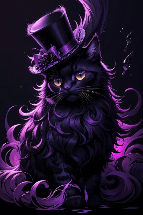 masterpiece, best quality, ultra high res, a cute cat, beautiful, visually stunning, elegant, incredible details, award-winning painting, high contrast, vector art, line art, splatter, flat color, color merge gradient, (kitten:0.7), (dark violet theme:1.2), n3on, glowing, neon, (fluffy:1.2), top hat, cat eyes, serious, blue