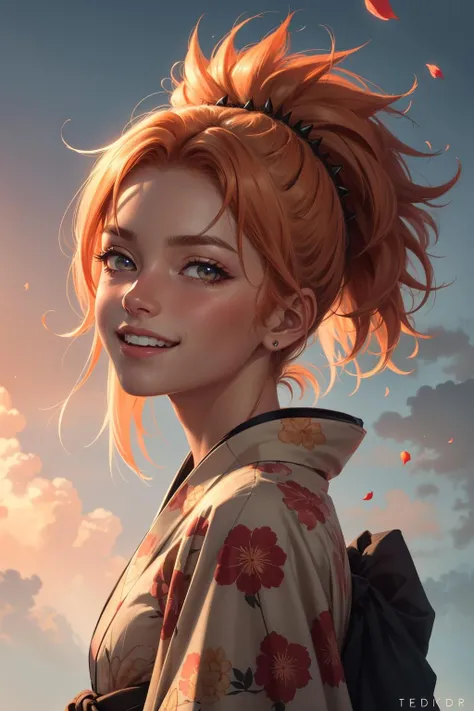 extreme quality, cg, detailed face+eyes, (colorful), (light pastel colors:1.4), photo of a woman, (kimono), (tan skin:1.2), black, (coral), on top of hill, light dust, petals, [medium|long] hair, orange hair, (spiked hair), masterpiece, 8k, tone mapping, hyper focus, tan, neon eyes, natural, limited palette, (detailed hair:1.13), (Ufotable aesthetic:1.3), (black outlines), (pastel background), soft lighting, solo, (by Ted Jackson:1.3), (by Anne Winterer:1.3), happy, joyful, :d, laughing