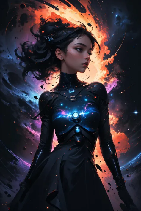 masterpiece, best quality, ultra high res, (abstract art:1.3), (dark theme:1.2), art, stylized, deep shadow, dark theme, 1girl, cosmic dress, cosmic beauty, in space, nebula