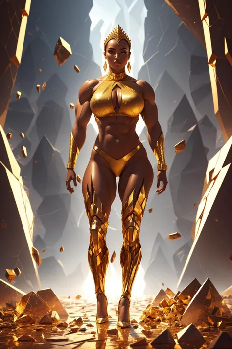 fcPortrait, woman, goddess, gold, Fractured Shards of Crumbling Beauty, Voxel Fractals, Hyper Detailed, Fragments, bodybuilder, toned, legs, full body, heels