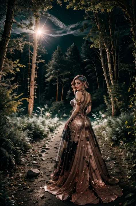 1Girl Adult Mature-Female Medium-Breasts-wearing <lora:Detailed Colorful Fashion By Stable Yogi:1> Detailed-Colorful-Fashion-(RoseGold-+-MidnightBlack)-Galactic-explorer-dress-with NASA- inspired-patches-and-futuristic-zippers-at-Moonlit-forest nocturnal-creatures enchanted-glade shimmering-pools <lora:DETAIL_SLIDER_BY_STABLE_YOGI:1> <lora:Night Photography By Stable Yogi:0.5> night-photography