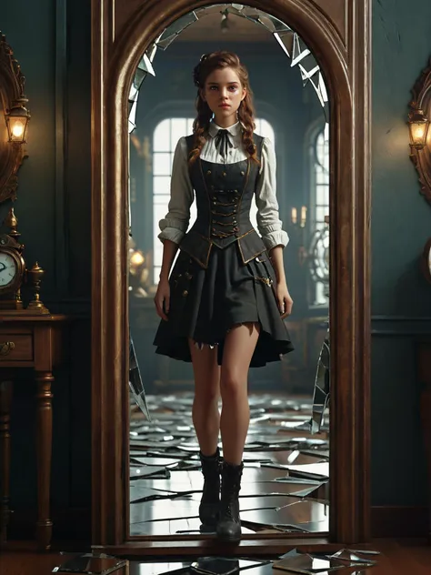 highres, masterpiece, cinematic lighting, sharp focus, 3d,
 
1girl,

Closeup. The young woman literally steps through the mirror, (looking at viewer:1.95), through the looking glass, full length mirror, (the glass is crazed and fractured:1.9),

 (Steampunk style)