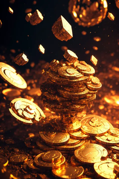 fcPortrait, treasure pile, gold coins, Fragmented Supernova, Fractured Shards of Crumbling Beauty, Voxel Fractals, Hyper Detailed, Fragments,