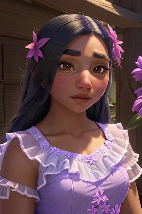isabela madrigal, dark skin, default outfit, hair flower, upper body <lora:Isabela Madrigal_v1:1>