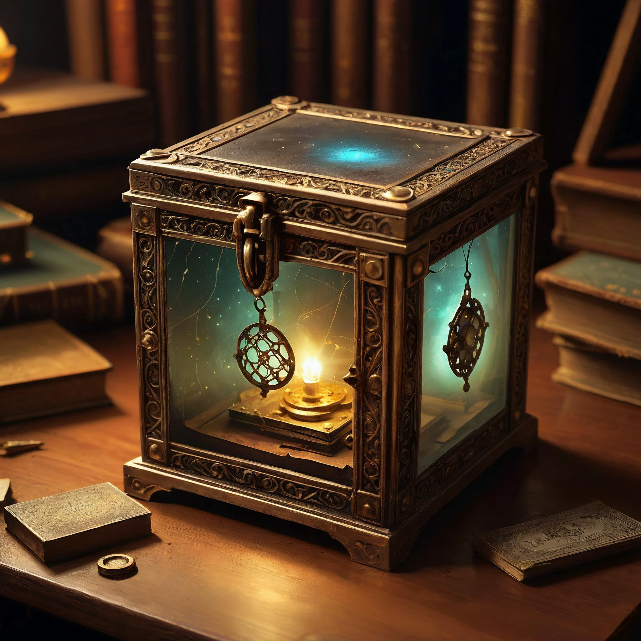 Fantasy art,
Once lost in time, this intricate and magical glowing box once belonged to Merlin the magician. Within its glowing exterior, lustrous and mysterious, lie magical mysteries, too dangerous for mortal man. It sits upon an old desk, forgotten, dusty.
dappled light, sub-surface scattering, volumetric lighting,