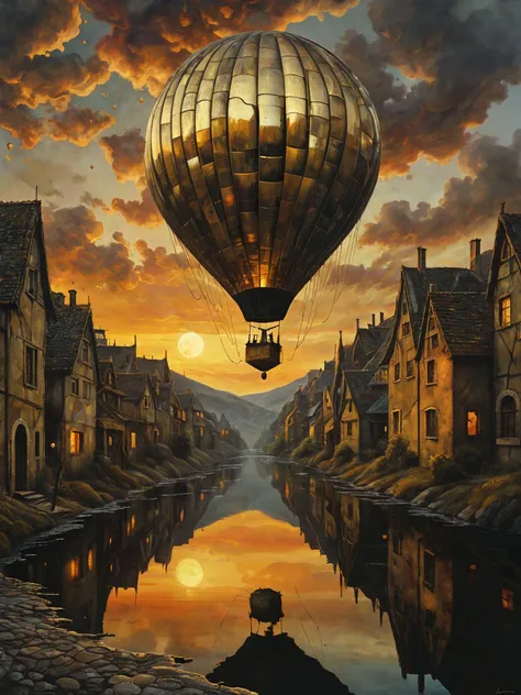 photograph, photorealistic, ultra-realistic, intricately detailed,
A glittering brass mosaic balloon, hanging over a dystopian landscape.
village. River.
Sunset. Rustic. Apocalyptic. Moody. Mystical.
3d,
Fantasy style. Fantasy dreamlike art.
surreal harmony, linquivera, liiv1
<lora:Surreal Harmony:1>
<lora:linquivera:1>
<lora:The_Dark_Side_of_the_Earth:0.5>