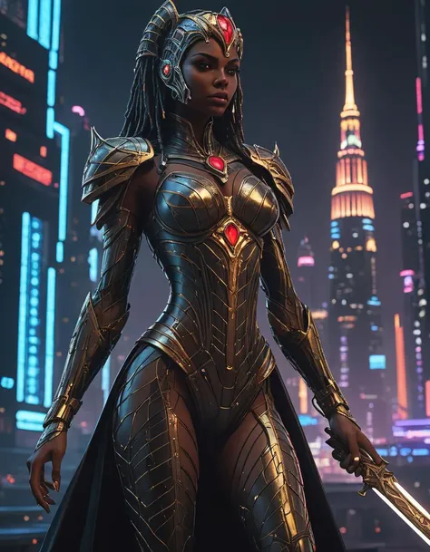 A breathtakingly beautiful and enigmatic Egyptian queen, adorned in a sleek and sophisticated stillsuit, stands gracefully amidst a captivating futuristic cityscape shrouded in darkness. Her cyberpunk|biomechanical form effortlessly blends human and machine elements, creating a striking and unique appearance. The neon lights of the city illuminate every intricate detail of her cybernetic enhancements, casting an ethereal glow over her surroundings. She holds a dagger in one hand, adding to her commanding presence. The Tiger's Eye Telepathic Ruby at her throat radiates an ominous light, further enhancing the eerie atmosphere.