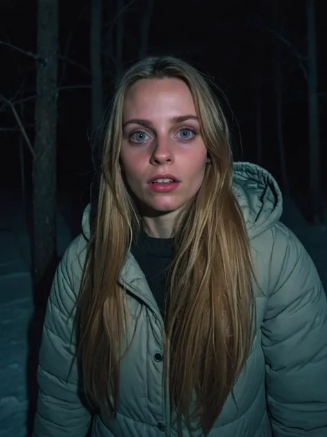 girl at night in the wood, selfie, poorly dressed,  ugly, dirty clothes, dirty face, winter, scared, afraid,, at night, very dark, infrared photography, without flash, grainy, ((motion blur)), blurry, walking
