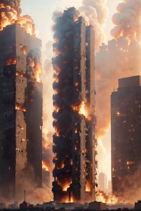 masterpiece, high detail, best quality, burn building, skyscrapper, fire, destroyed, explosion, debris, light_particles,