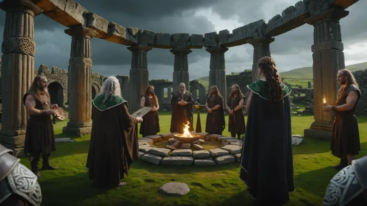 an ancient stone, an offering of food and drink to the Celtic gods, ultra realistic, (masterpiece:1.2), arial image of ancient celtic ruins, Celtic druids performing a ceremony, dramatic lighting, dark and stormy, 8k, UHD, godrays, Celtic iconography, <lora:add-detail-xl:3>, <lora:RMSDXL_Enhance:4>