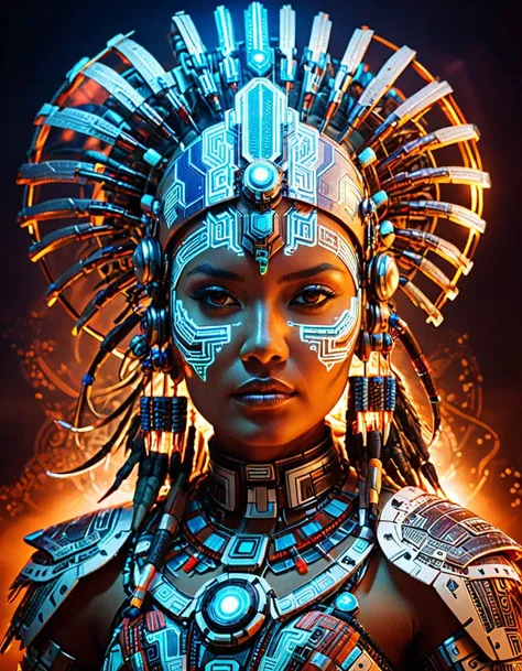 cybernetic style tribal style, extremely beautiful Aztec woman, rembrandt lighting, futuristic scifi style, cowboy shot, against a dark background, alien world in the background, indigenous, ethnic, traditional patterns, bold, natural colors, highly detailed, . futuristic, technological, cybernetic enhancements, robotics, artificial intelligence themes