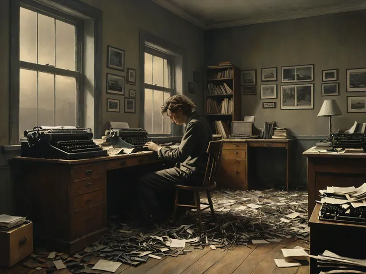 photograph, photorealistic, ultra-realistic, intricately detailed,

Set in Orwell's "1984", a room filled with people working at a typewriter, file cabinet, window to a dystopian world. Hair in disarray.

3d, moody, atmospheric, rustic,

surreal harmony, linquivera, liiv1

<lora:Surreal Harmony:1>
<lora:linquivera:1>
<lora:The_Dark_Side_of_the_Earth:0.5>