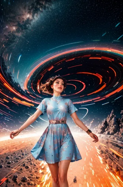1Girl Adult Mature-Female Average-Breasts-wearing <lora:Detailed Colorful Fashion By Stable Yogi:1> Detailed-Colorful-Fashion-(PowderBlue-+-RoseGold) T- shirt-dress-with-a-graphic-print-and-crew-neck-at-Warp-gate traversing-vast-distances bending-space-time advanced fascinating <lora:DETAIL_SLIDER_BY_STABLE_YOGI:1> <lora:Night Photography By Stable Yogi:0.5> night-photography