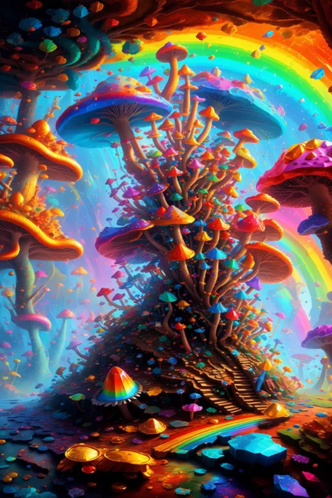 Rainbows, <lora:Fantasy-Magic-V1:1>, fcPortrait, treasure pile, gold coins, Fragmented Supernova, Fractured Shards of Crumbling Beauty, Voxel Fractals, Hyper Detailed, Fragments,