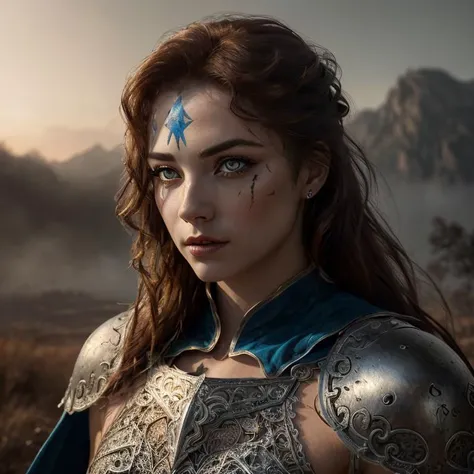 (photorealistic:1.5), (masterpiece, best quality, hdr, 8k, sharp, detail:1.5),
female warrior, knight, shining armour, long flowing red hair, war paint, serious look, athletic, beautiful, flowing blue cape, (detailed eyes),
heroic, dramatic,
golden sunset, dynamic lighting, fog,
mountains in the background, magical sky,
OverallDetail, EyeDetail,
<lora:booscapes:0.6> booscapes