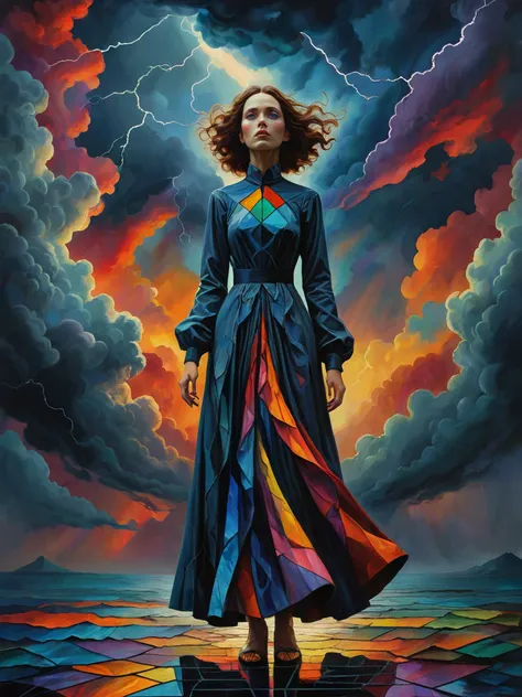 A surreal and colorful depiction of a woman, standing. Her clothing is colorful, like stained glass.
Background is a thunderstorm.
2d,
surreal harmony, linquivera, liiv1
<lora:Surreal Harmony:1>
<lora:linquivera:0.3>
<lora:The_Dark_Side_of_the_Earth:0.3>