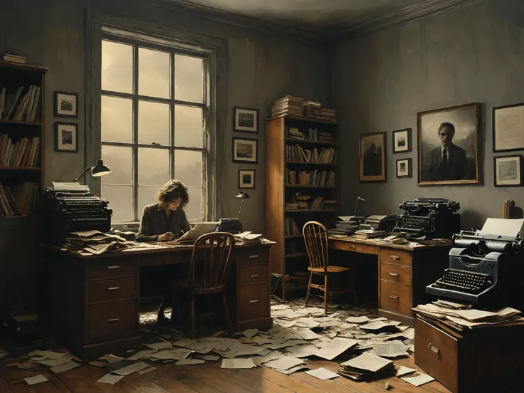 photograph, photorealistic, ultra-realistic, intricately detailed,
Set in Orwell's 1984, a room filled with people working at a typewriter, file cabinet, window to a dystopian world. Hair in disarray.
3d, moody, atmospheric, rustic,
surreal harmony, linquivera, liiv1
<lora:Surreal Harmony:1>
<lora:linquivera:1>
<lora:The_Dark_Side_of_the_Earth:0.5>