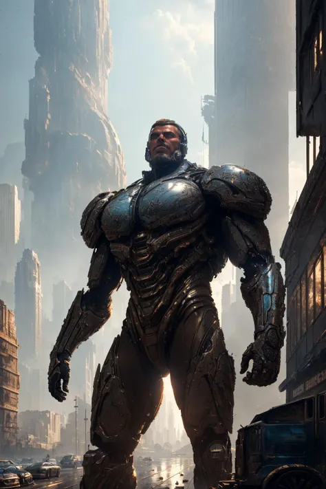 bodybuilder, fcPortrait, (masterpiece), futuristic cityscape, street view, (decrepit scenery), megastructures, intricate detail, (art by [Bastien Lecouffe-Deharme|Caspar David Friedrich ]:1.2), (unreal engine render, photorealistic painting, photorealistic:1.2), (mysterious)