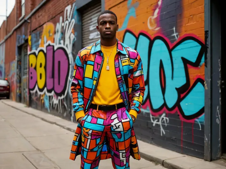 A bold and modern black man in a bold colorful outfit in an alley graffitied with the word "Bold"