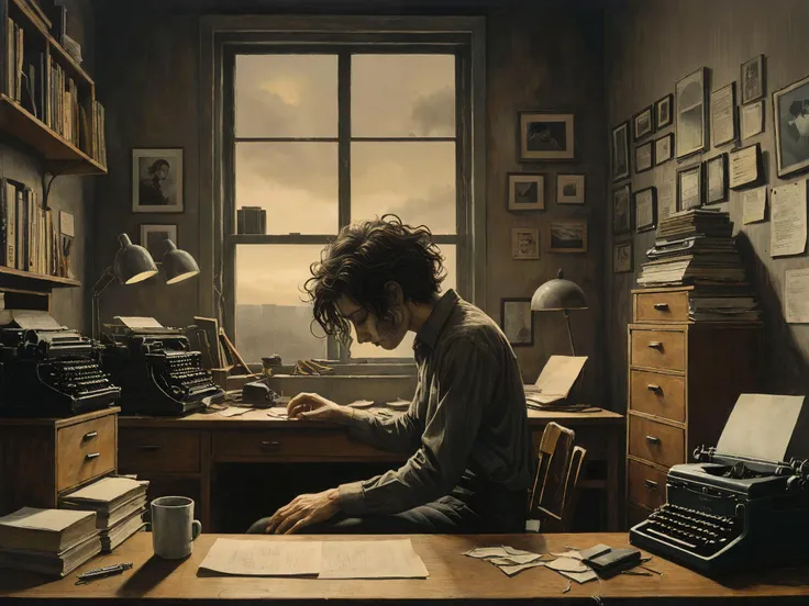 photograph, photorealistic, ultra-realistic, intricately detailed,

Set in Orwell's "1984", a room filled with people working at a typewriter, file cabinet, window to a dystopian world. Hair in disarray.

3d, moody, atmospheric, rustic,

surreal harmony, linquivera, liiv1

<lora:Surreal Harmony:1>
<lora:linquivera:1>
<lora:The_Dark_Side_of_the_Earth:0.5>
<lora:Audrey Kawasaki Style:0.2>Audrey Kawasaki Style