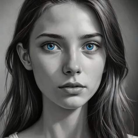 extremely detailed, portrait, perfect skin, slender nose, Chiaroscuro, 18yo, (monochrome:1.95), (eyes are bright blue:1.95), oil painting