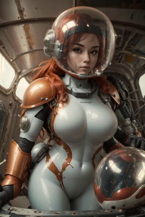 (best quality, masterpiece:1.3), thick outlines, face highlight, detailed face, detailed skin, 1girl, ribbed bodysuit, bubble helmet, red hair, messy hair,  floating, zero gravity, helmet, space helmet, armor, spacesuit, pilot suit, scifi, science fiction, wearing helmet