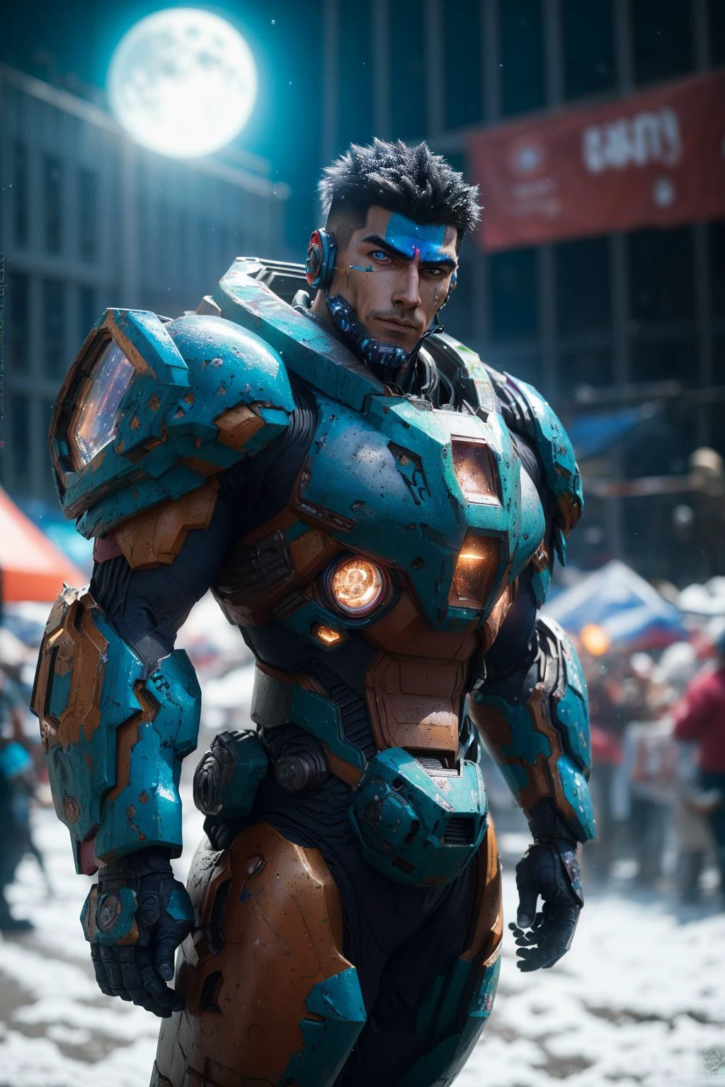 mech, helmeet, fantasy, vivid colors, bodybuilder, bounty hunter outfit, muscle, bokeh background, fair skin with cool undertones, moon, subject for emphasis,soft lighting, perfect face, detailed eyes, button nose, galaxy, space, scifi, ice, snow, lens flare, dramatic lighting, dramatic colors, masterpiece, cosplay, realistic, (crowd:1.1), <lora:realistic-comic-con:0.7>