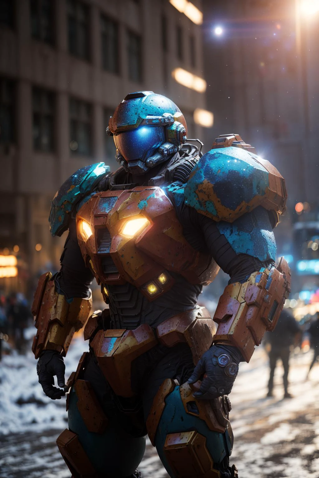 mech, helmet, fantasy, vivid colors, bodybuilder, bounty hunter outfit, muscle, bokeh backgroundmoon, subject for emphasis,soft lighting, galaxy, space, scifi, ice, snow, lens flare, dramatic lighting, dramatic colors, masterpiece, cosplay, realistic, (crowd:1.1), <lora:realistic-comic-con:0.7>