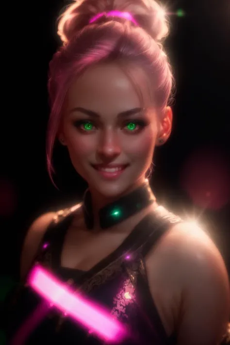night scene, close up photo of a sexy girl, posing, look at a camera and smile, pink ponytail hair, (green eyes:0.8), soft volumetric lights, (backlit:1.3), (cinematic:1.3), intricate details, (ArtStation:1.2)