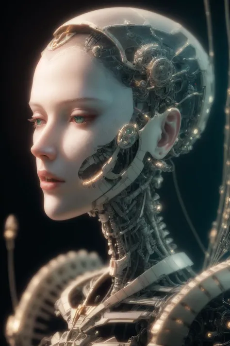 complex 3d render ultra detailed of a beautiful porcelain profile woman android face, cyborg, robotic parts, 150 mm, beautiful studio soft light, rim light, vibrant details, luxurious cyberpunk, lace, hyperrealistic, anatomical, facial muscles, cable electric wires, microchip, elegant, beautiful background, octane render, H. R. Giger style, 8k, best quality, masterpiece, illustration, an extremely delicate and beautiful, extremely detailed ,CG ,unity ,wallpaper, (realistic, photo-realistic:1.37),Amazing, finely detail, masterpiece,best quality,official art, extremely detailed CG unity 8k wallpaper, absurdres, incredibly absurdres, <lora:japaneseDollLikeness_v10:0.1>, <lora:koreanDollLikeness_v10:0.5>, robot, silver halmet, full body, sitting