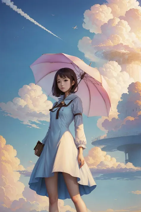 tower, 1girl, dress, thin, sky, cloud palace, umbrella