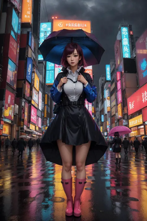 skyscraper, 1girl, dress, thin, sky, tokyo, city, pretty face, umbrella, huge breasts, neon signs, raincoat, rain boots, shot from below