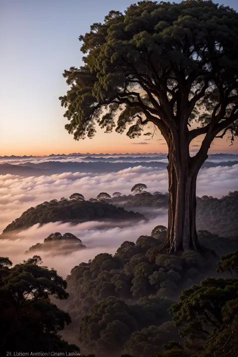 DSLR RAW filmgrain photo, shot on iphone, photography, edited in Adobe Lightroom, ancient giant tree in the deep jungle, birds in the branches, fog at dawn, beautiful scenery