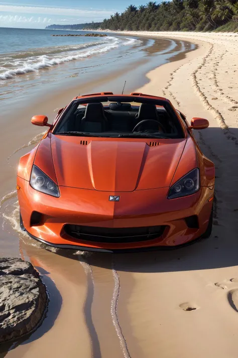 DSLR RAW filmgrain photo, shot on iphone, photography, edited in Adobe Lightroom, a classic, orange convertible sports car driving through shallow beach water