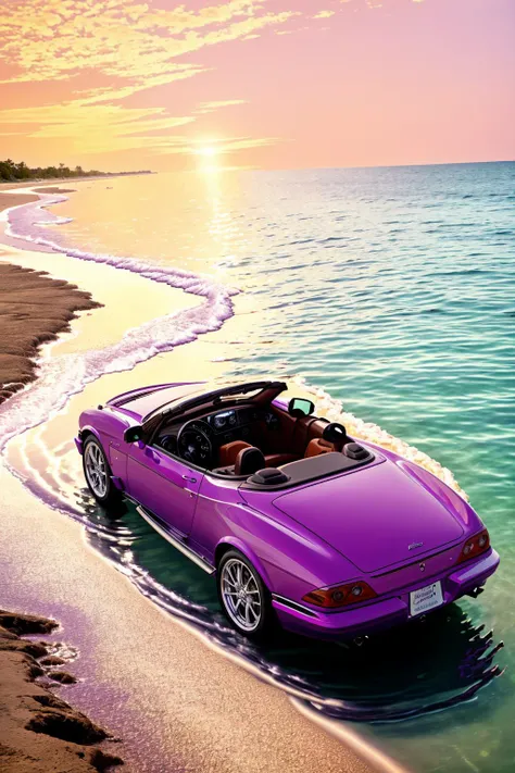 glowing purple ,<lora:Glowing-Purple-V1:1>, a classic, orange convertible sports car driving through shallow beach water