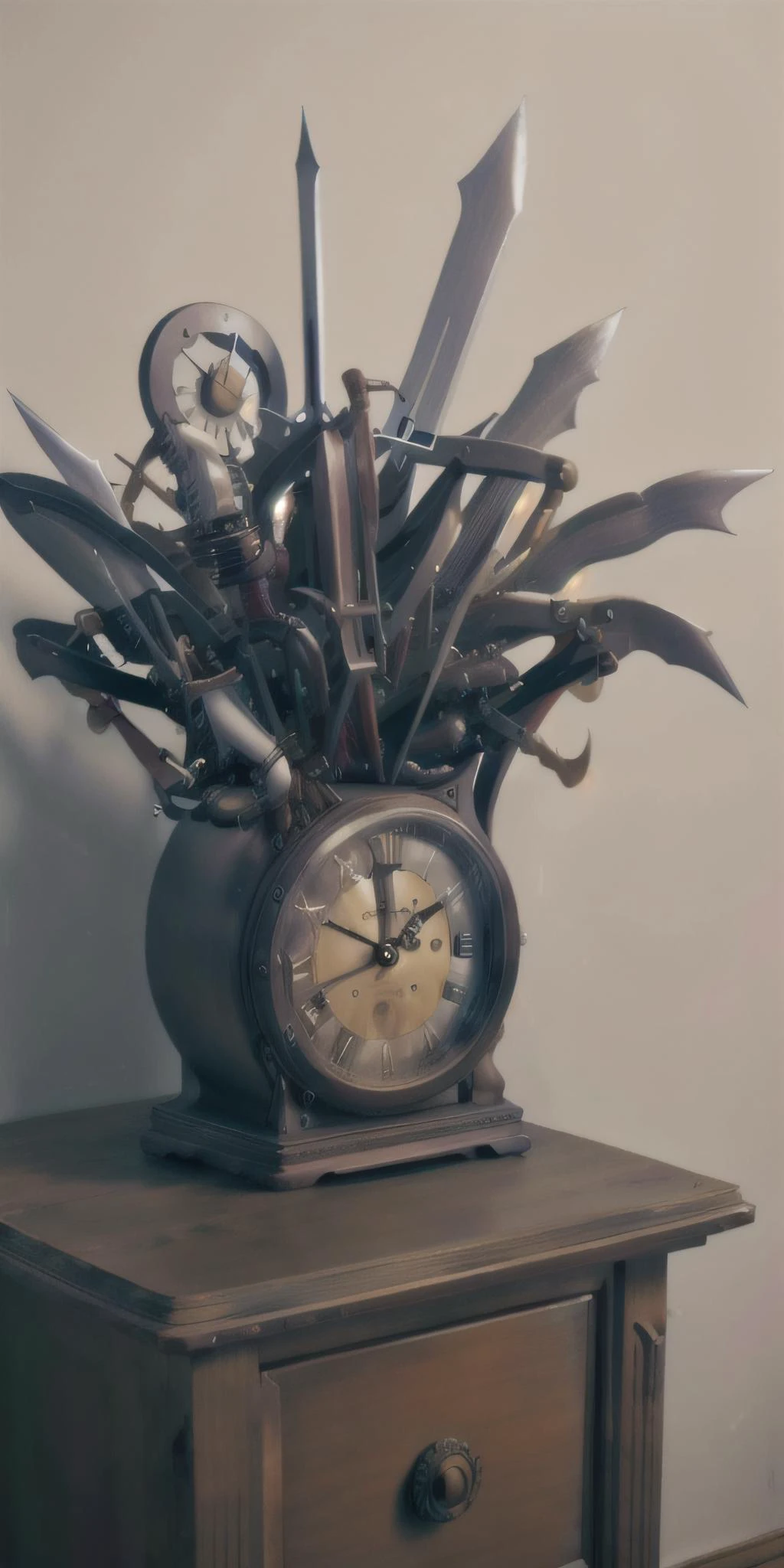 <lora:ManyBladesAIv2:1> ManyBladesAI, steampunk clock on night table, picture on wall, <lora:add_detail:1>